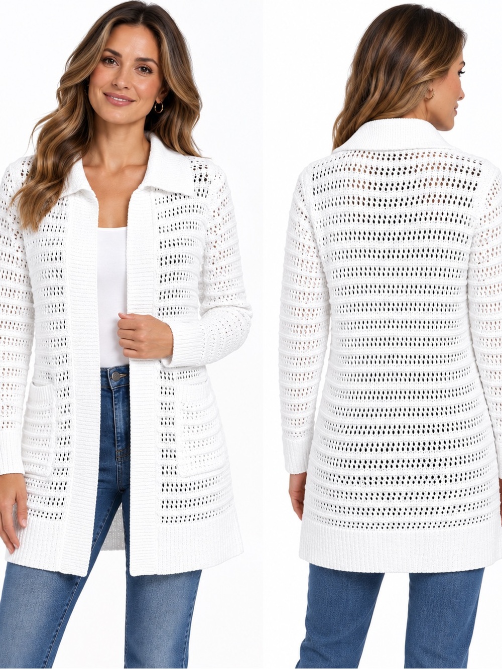 CAbi cotton blend White Open-Knit Longline Cardigan S